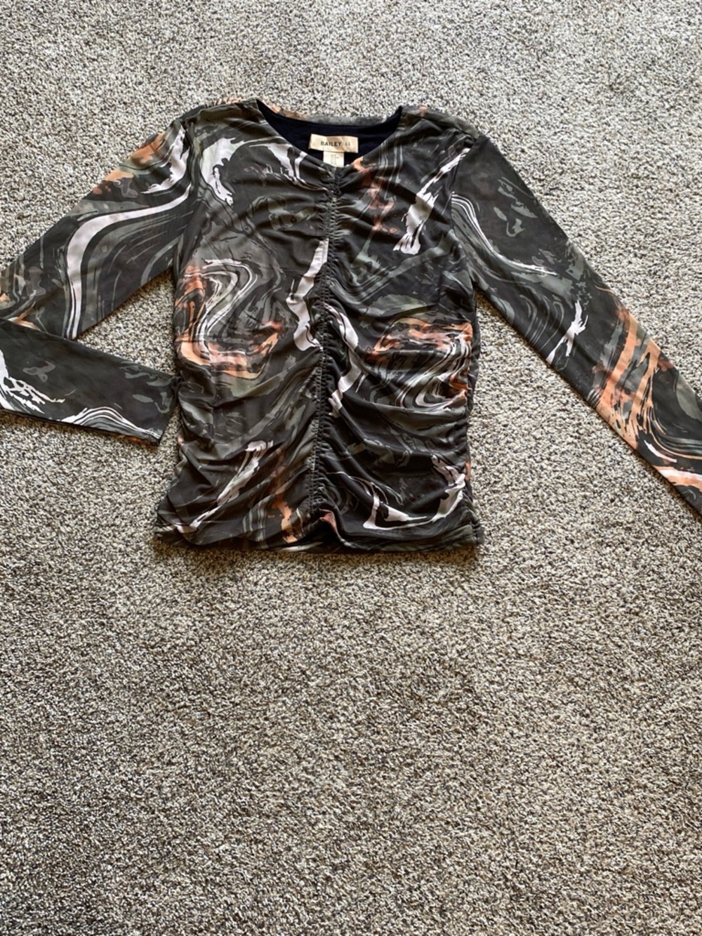 Bailey 44 Black Swirl Mesh Ruched Long-Sleeve Top with Peach Accents - Picture 1 of 7